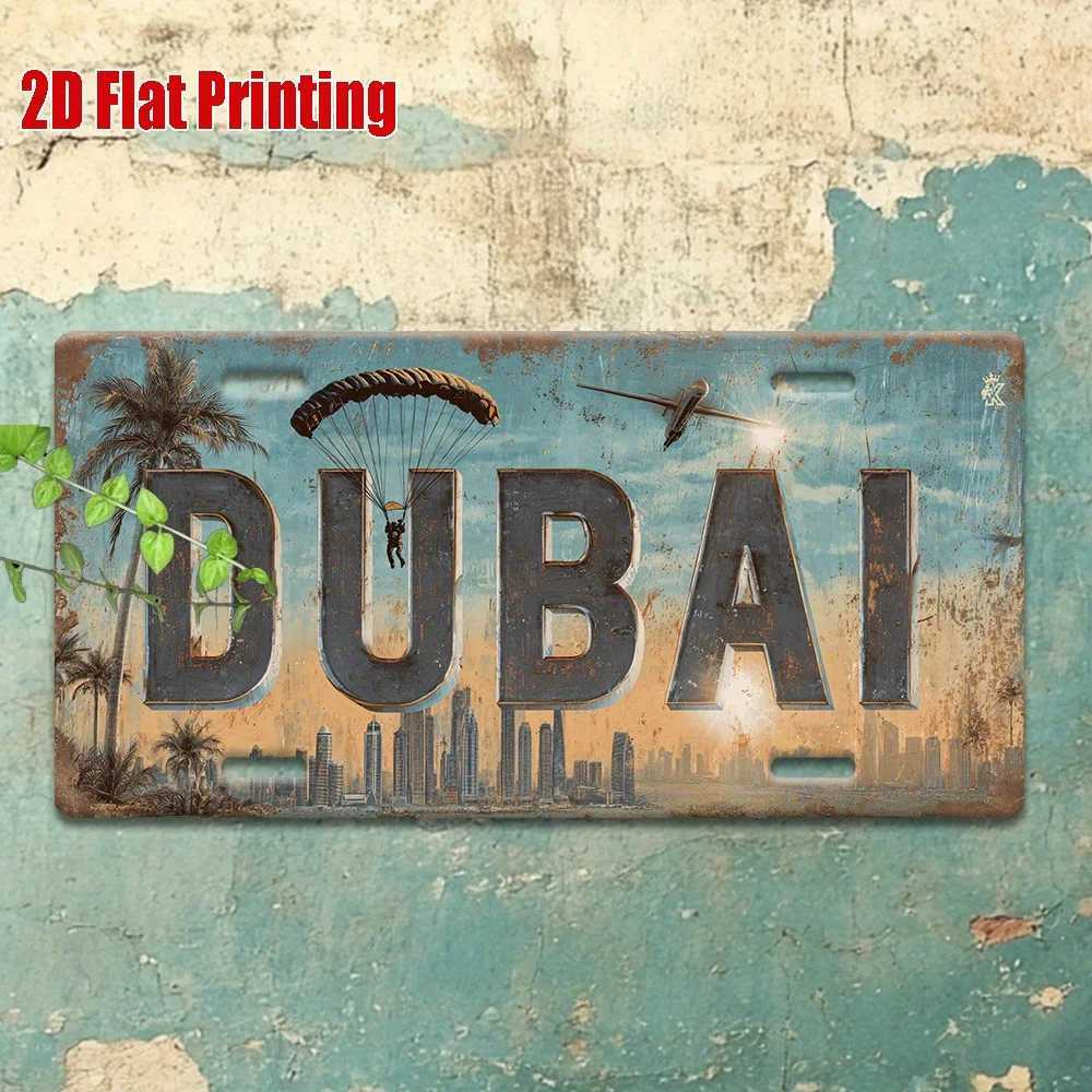 Printing Vintage Metal License Plate Outdoor Wall Art DUBAI Aluminum Sign with City Skyline and Paragliding Scene GreaM251114