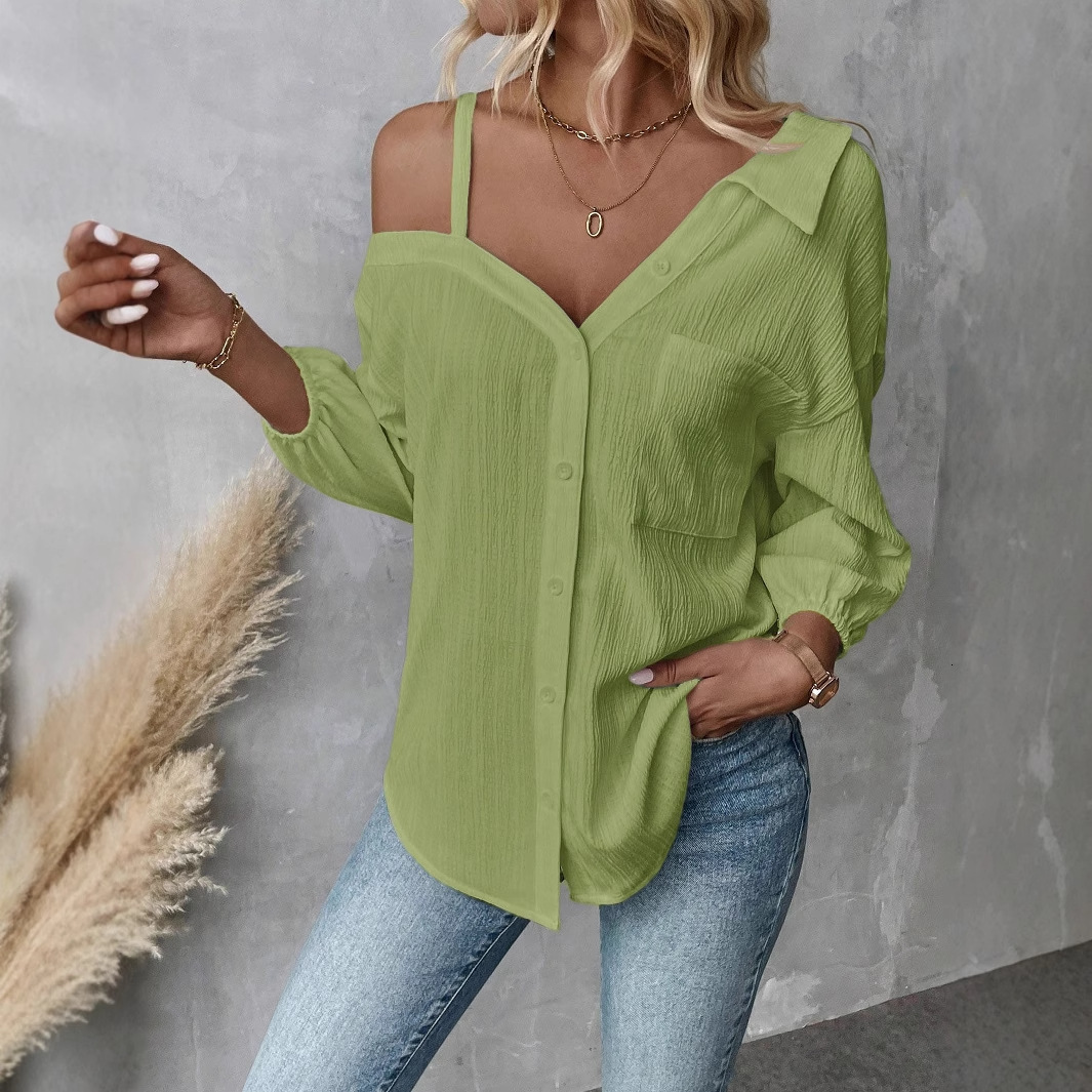 2025 Spring/Summer Flip Collar with Seven Cent Sleeve Off Shoulder Cardigan Texture Pattern Single breasted Casual Shirt