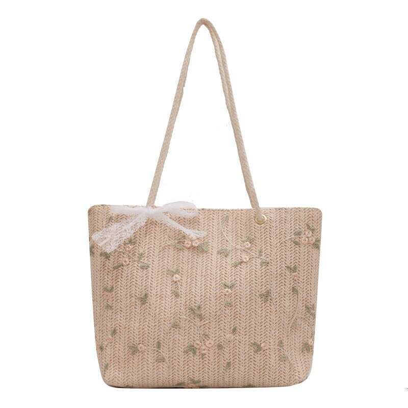 Handmade Beach Bag 2025 New Trendy Korean Edition Straw Weaving Lace Shoulder Handbag, Women's Large Capacity Bucket Bag Kq2