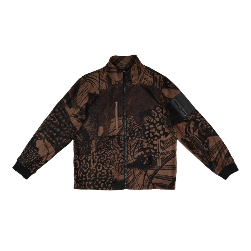 Men's Brown Leopard Fleece Zip-Up Sweatshirt Loose fit Ribbed cuffs Multiple pockets Pullover Long sleeves top for Casual Hip Pop Street Wearing