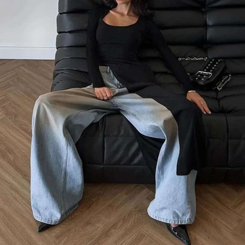 Solid Unique Women Tops Classic Concise Autumn Full Sleeve U-neck Skinny Splited Super-Long Tees Popular New Wild T-shirts