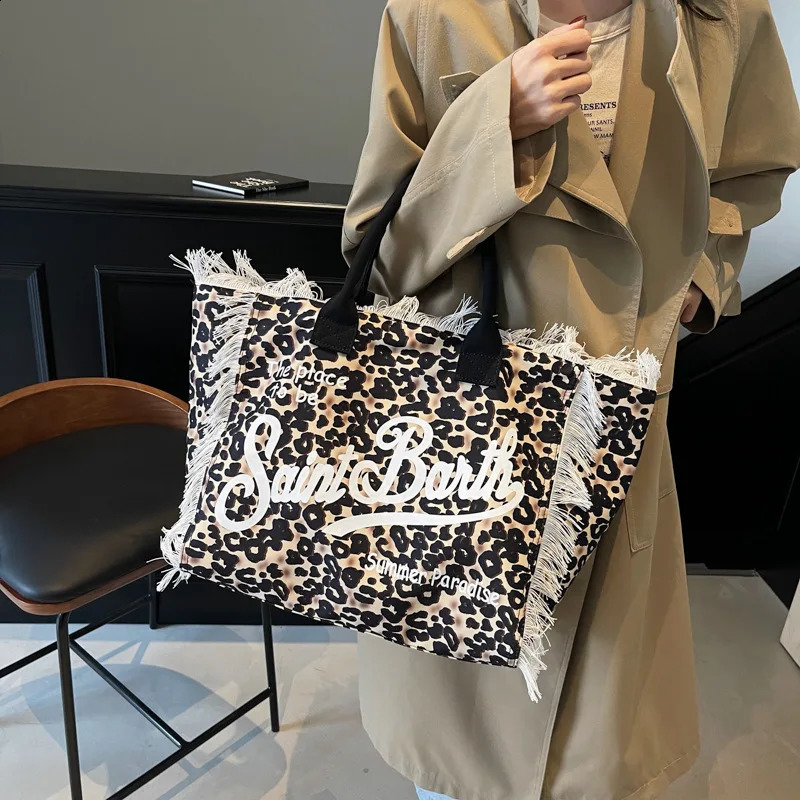 tote bag for women large capacity casual travel leopard print canvas handmade tassel handbag 250410
