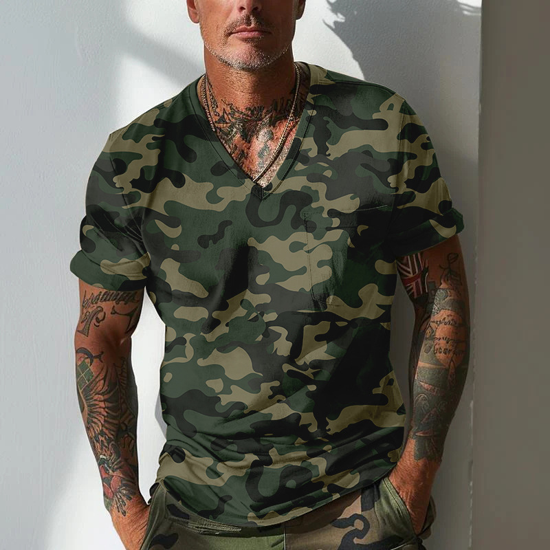 2025 hot selling V-neck slim fit sexy camouflage casual sports trend men's T-shirt