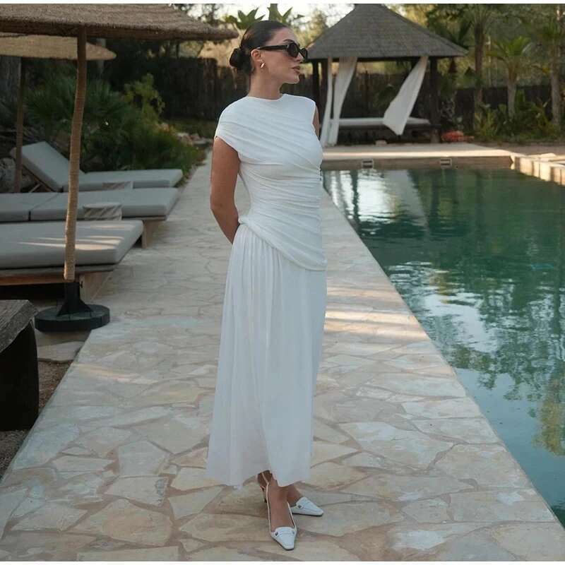 2024 Y2k Elegant White Women Asymmetry Maxi Dress Fashion O-Neck Sleeveless Pleated Bodycon Dresses Summer Lady Vacation Robes