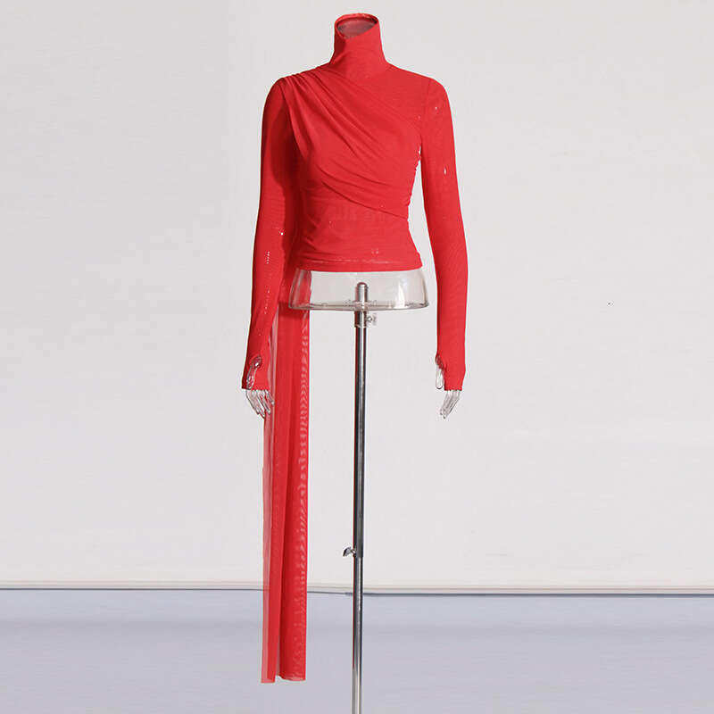 Designer Elegant Women's Long Sleeve Mesh Shirt with High Neck Ribbon - Latest 2025 Spring Fashion