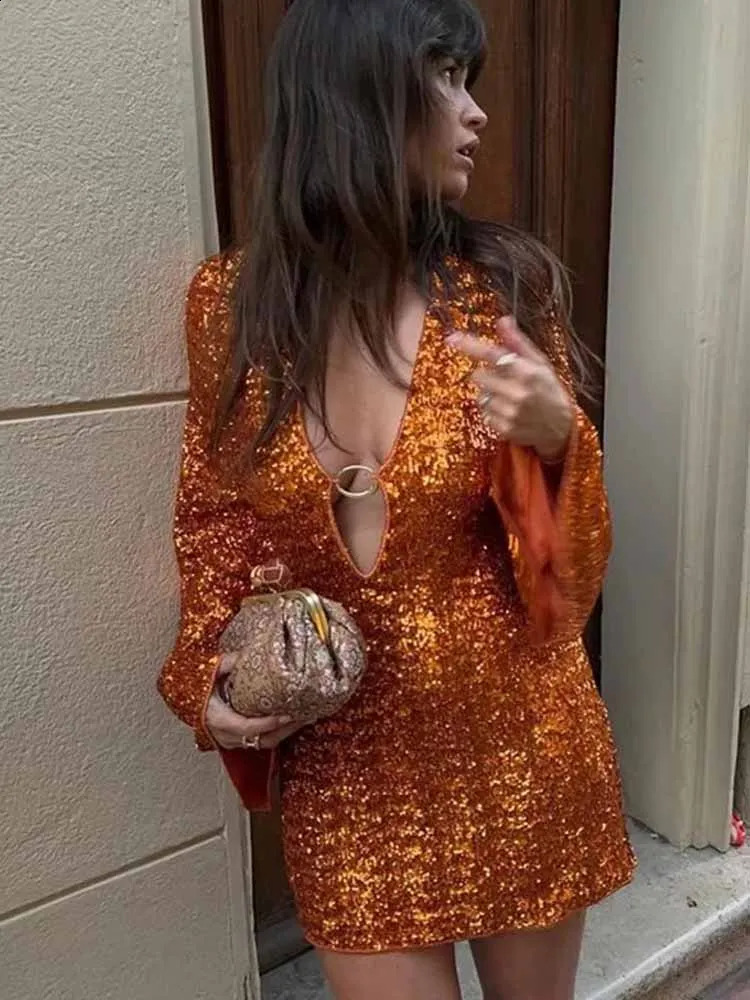 BKQU Shiny Deep-V Sequins Mini Dress Women Sexy Hollow Out Long Flare Sleeve Y2K Short Dress 2025 Chic Evening Party Lady Gowns 250409