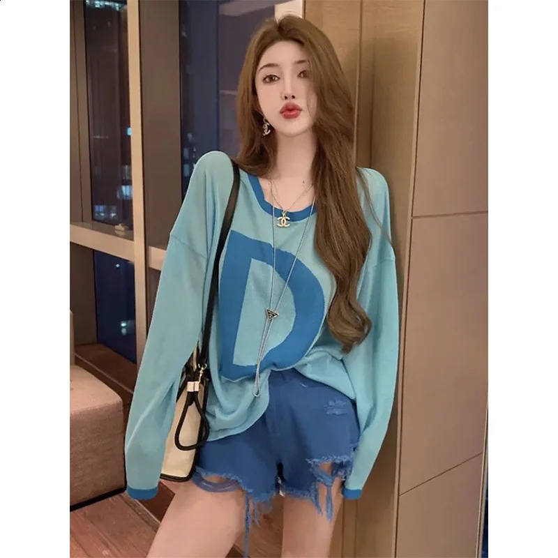 Womens SpringSummer Korean Fashion Printed Colorful Oneck Clothing Pulling Simple Trend Long Sleeve Top 250407