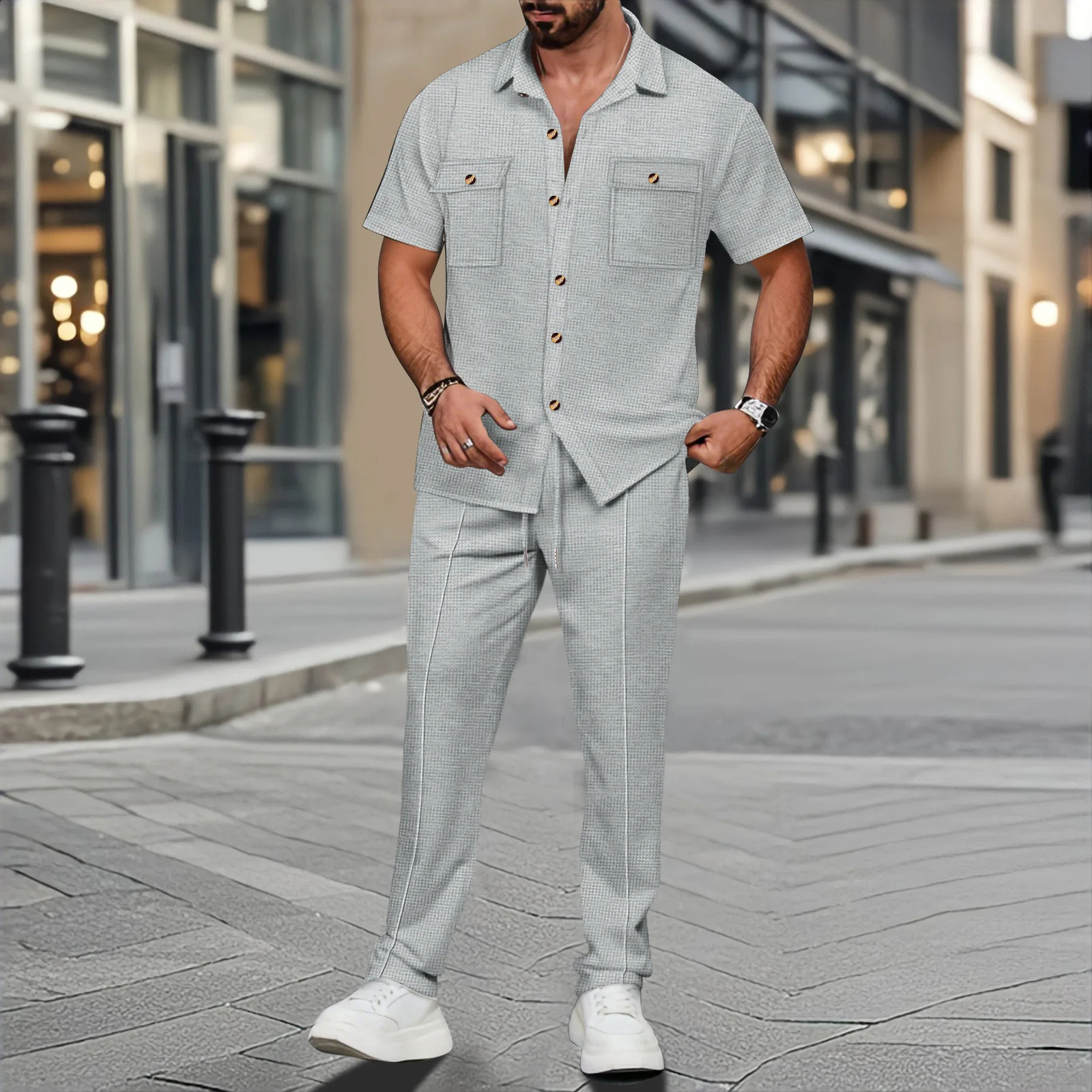 2025 summer men light ripe casual solid color button pocket fashion Waffle trend shirt short-sleeved trousers two-piece set 250409