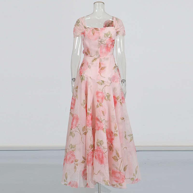 Designer Mingyuan Spring 2025 V-Neck Long Dress for Women - Floral Print with Three-Dimensional Detailing