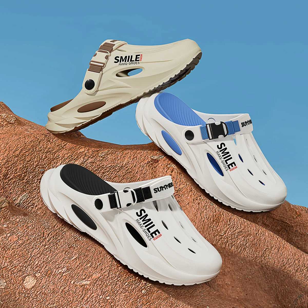 Thick soled mens hole beach shoes with sliding in outdoor sliders comfortable outdoor sliders W250414