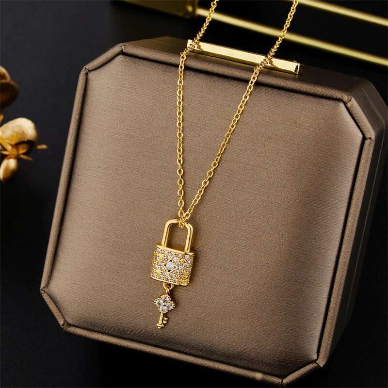 New Design Sense Light Zircon Crystal Lock Key Pendant Stainless Steel Necklaces For Women Sexy Party Neck Chain Jewelry
