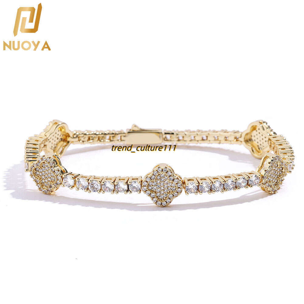 Hip hop spring buckle Moissanite tennis chain clover men's bracelet high-end accessories