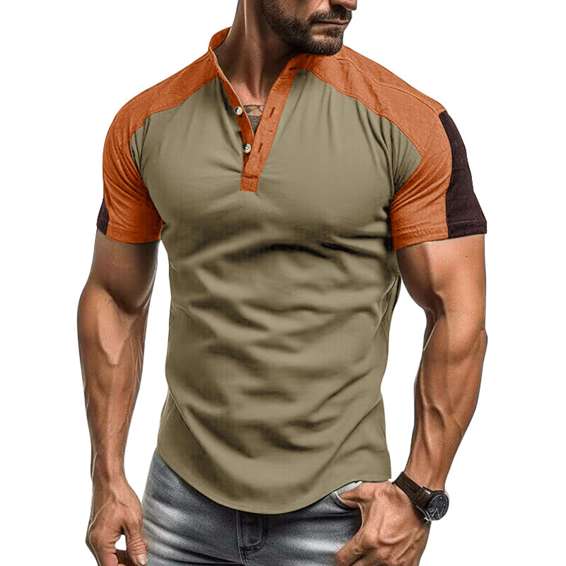 Mens Outdoor Sports Henley Shirt Mens Short sleeved Standing Neck T-shirt Fitness T-shirt Top
