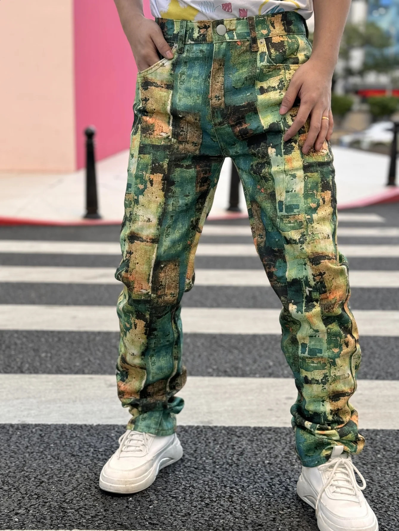 Y2K Mens Denim Jeans Patch Series Fashionable Street Hip Hop Style Regular Suitable for Green Cotton Blended 250407