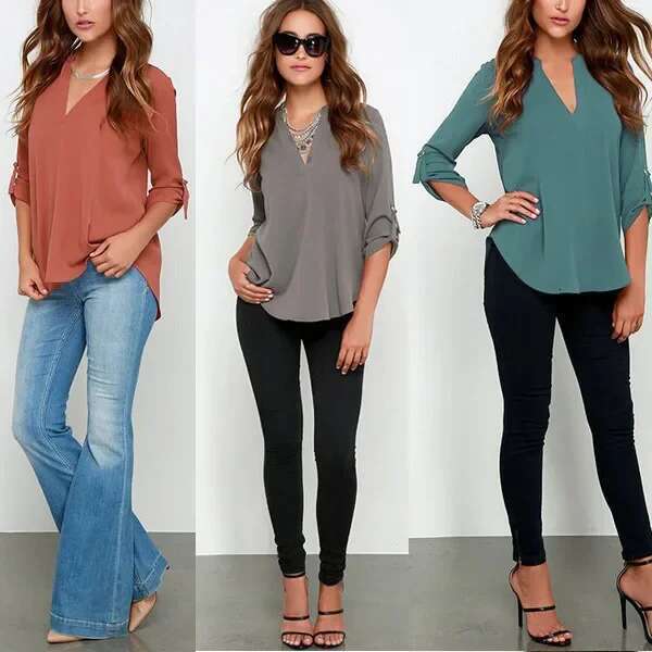 Blouses Long Female Fashion Plus Size Women's V-neck Long-sleeved Ruffled Sleeve Loose Chiffon Shirt