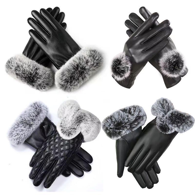 Winter black sheepskin Mittens Leather Gloves For Women Rabbit Fur Wrist Top Sheepskin Gloves Black Warm Female Driving Gloves CJ191225