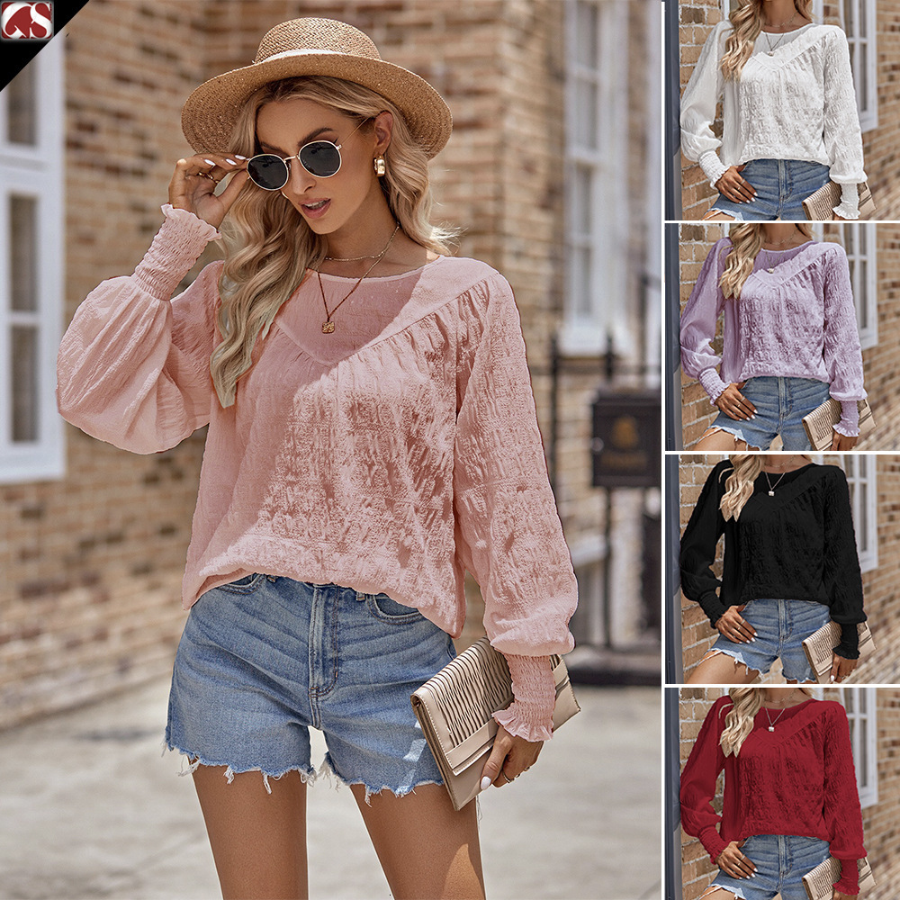 New women's solid color round neck long sleeved patchwork lantern sleeve plaid top for women