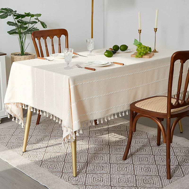 Coffee-colored tassel tablecloth, rustic cotton and linen fabric, clear rectangular tablecloth, coffee table mat PMVF01