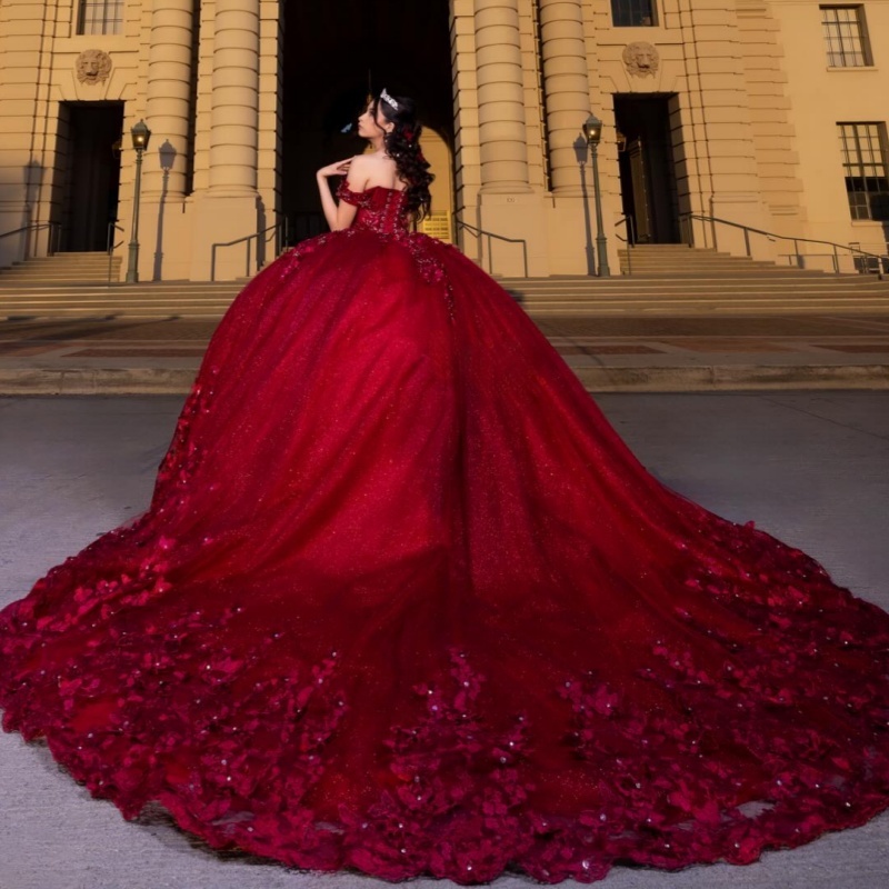 Red Shiny Princess Quinceanera Dresses Off Shoulder Bow Beading Crystal Tull Corset Sweet 16 Dress Ball Gown Vestidos 15 De Anos