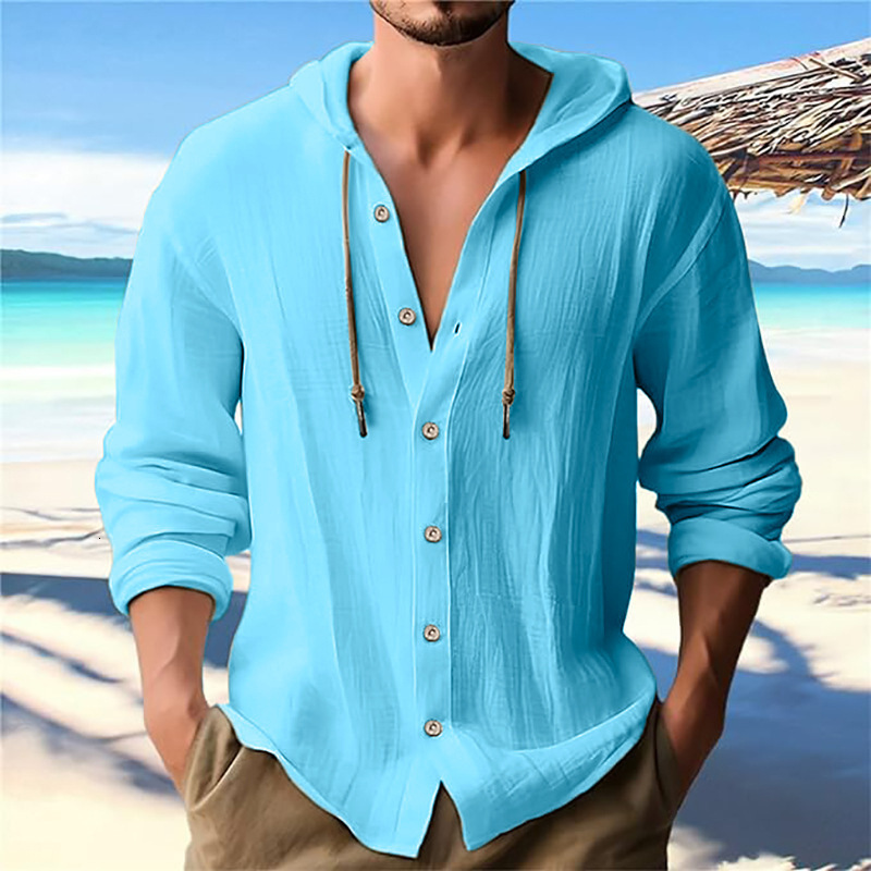 Mens solid color casual long sleeved shirt hooded drawstring cotton and linen cardigan trendy versatile loose beach T-shirt