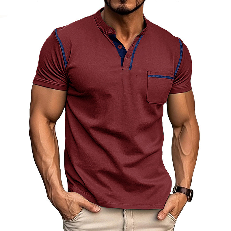 Mens round neck patch pocket cotton blend outdoor short sleeved Henry shirt American mens shirt top