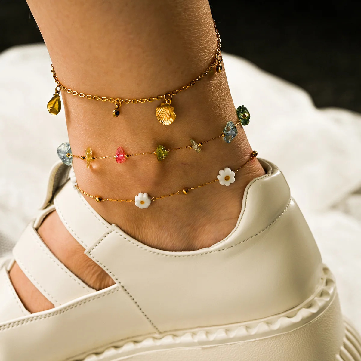 Outdoor beach style stainless steel gravel anklet colored stone decoration 250408