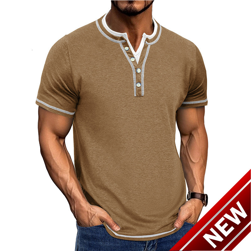 New mens short sleeved color blocked fake two-piece Henry shirt mens V-neck T-shirt