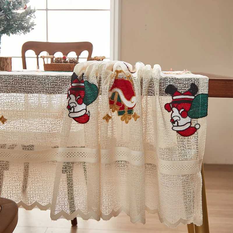 Christmas Khaki embroidered cartoon Santa Claus lace tablecloth Christmas party table cloth cartoon cute style Y251113