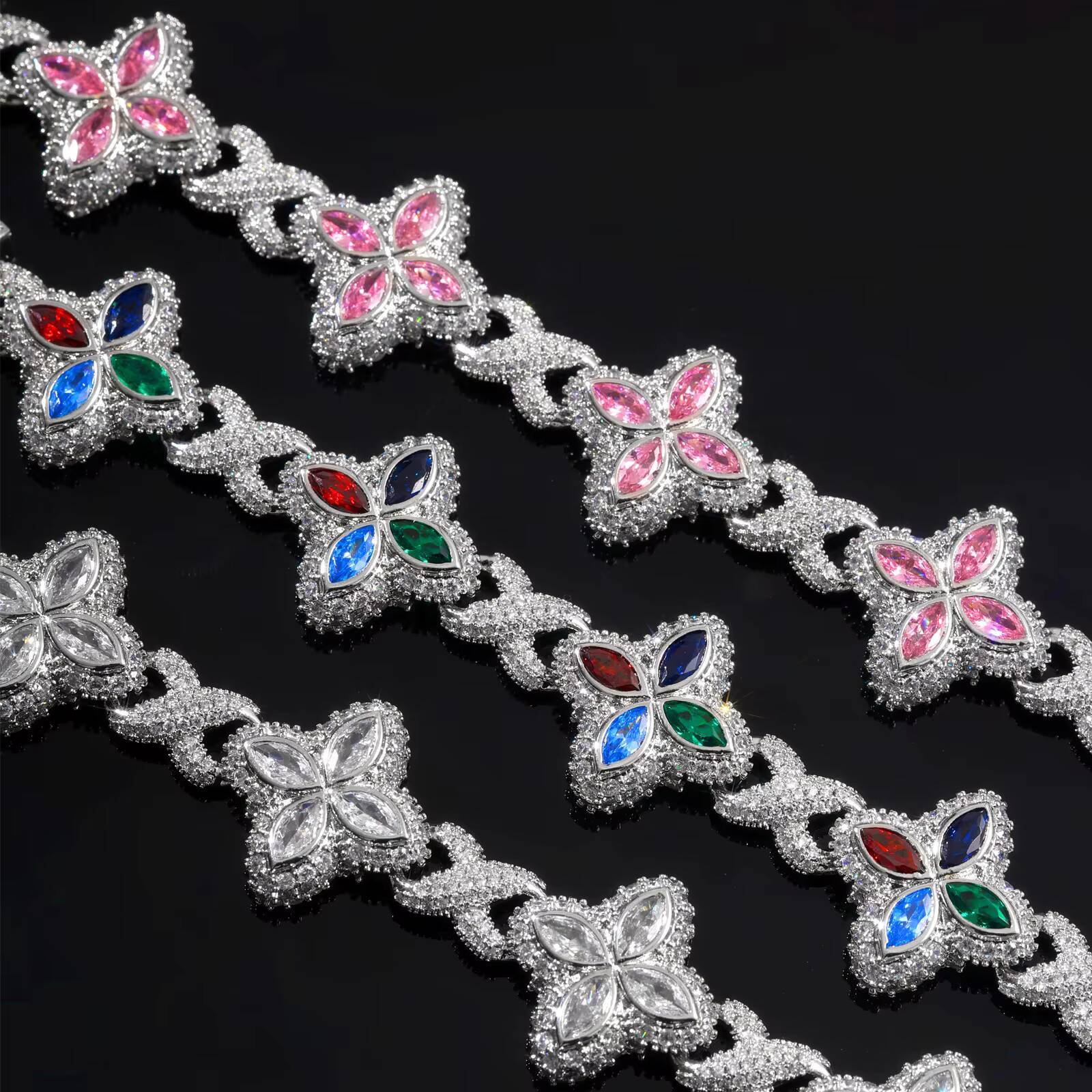 2025 New Arrival Hip Hop Pink White Colorful CZ Clover Bracelet Necklace Brass Iced Out Flower 5A Zircon Cuban Chain for Men