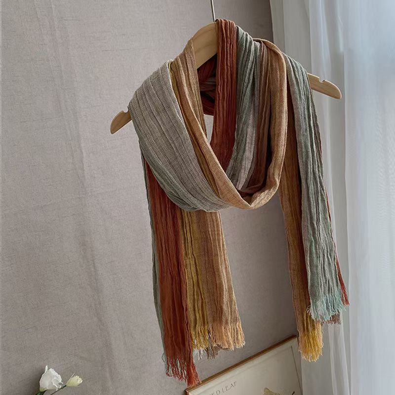 T474 new cotton and linen scarf for women in autumn and winter, all-match Japanese color stripes, linen, thin and artistic long neck scarf
