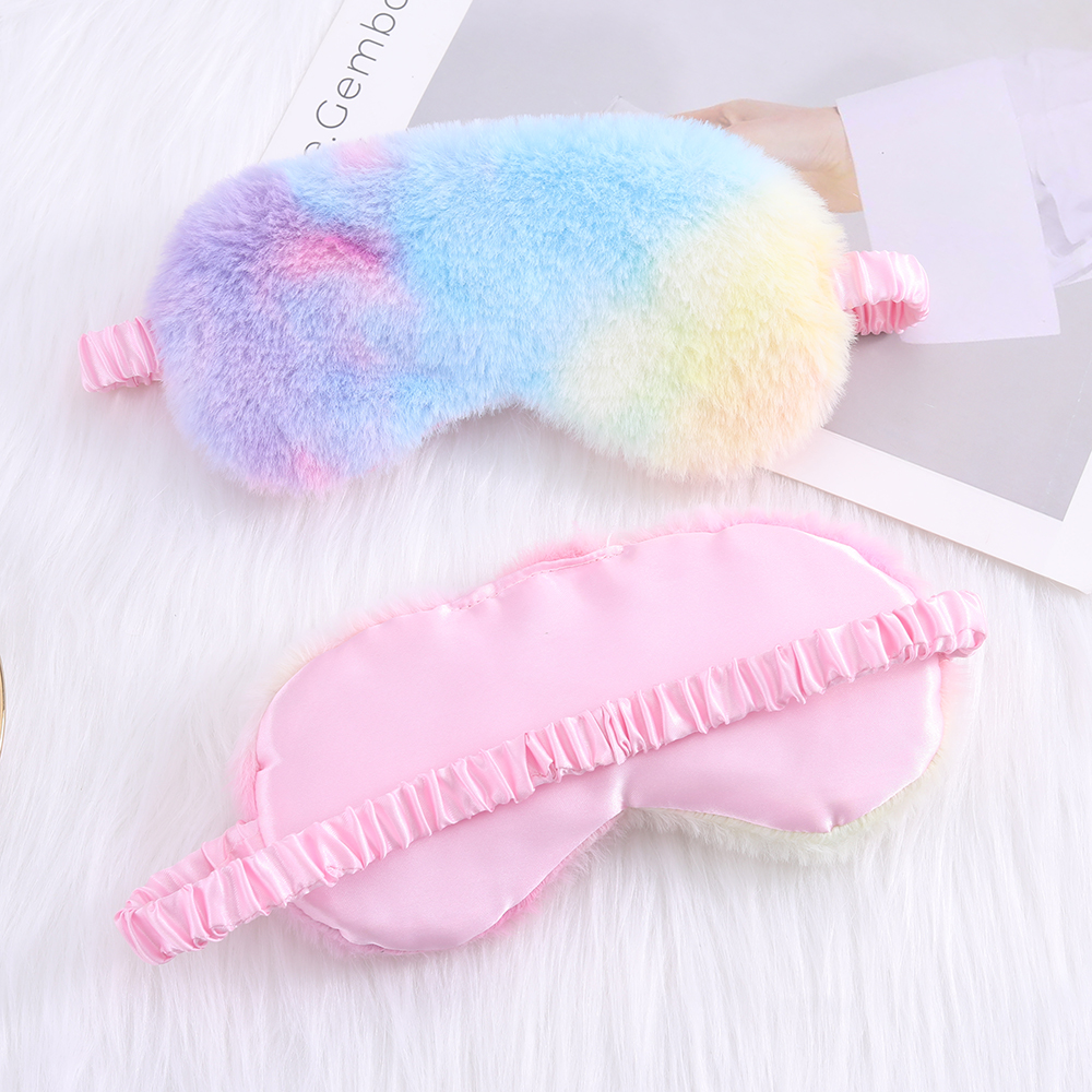 Colorful little rabbit plush sleep eye mask with rainbow print, cute cartoon eye mask in stock.