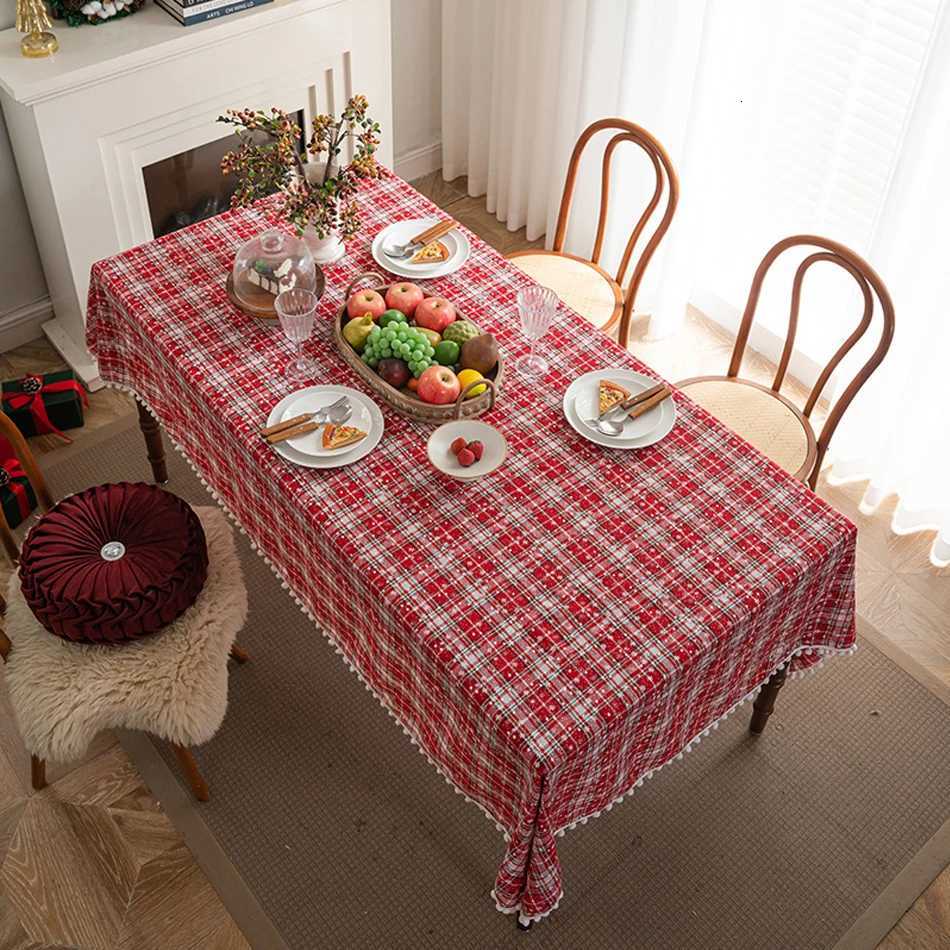 Christmas Christmas Grid Tablecloth White Snow Ornamental tassel Table Vintage Dining Table Cover For kitchen Party Birthday Decor Y251113