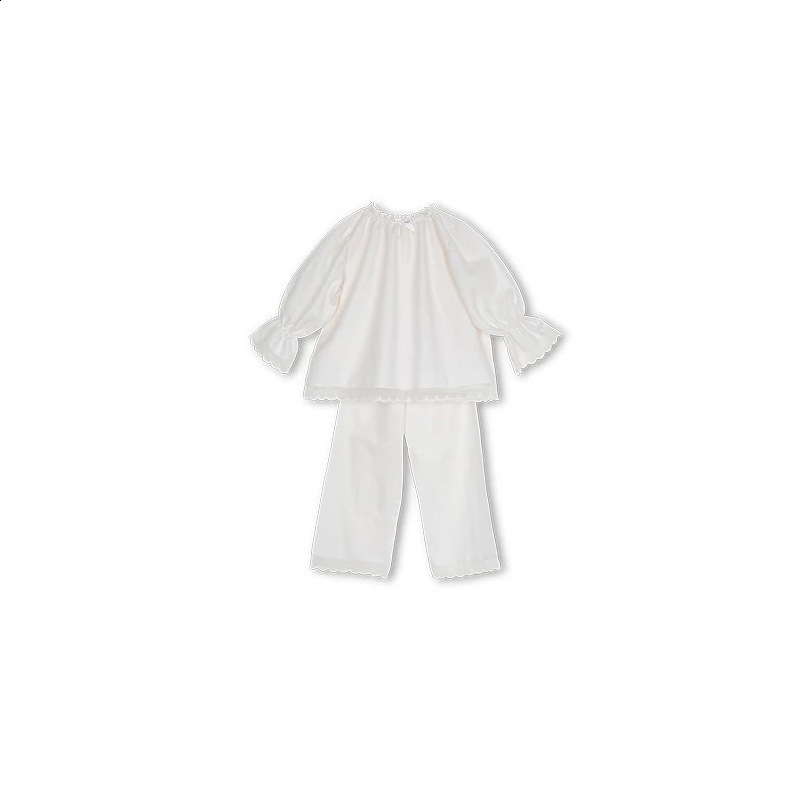 Pajamas Children Girl s Lolita White Princess Pajama Sets Royal Style Tops Pants Vintage Toddler Kid s Bow Pyjamas set Sleep Loungewear 220922