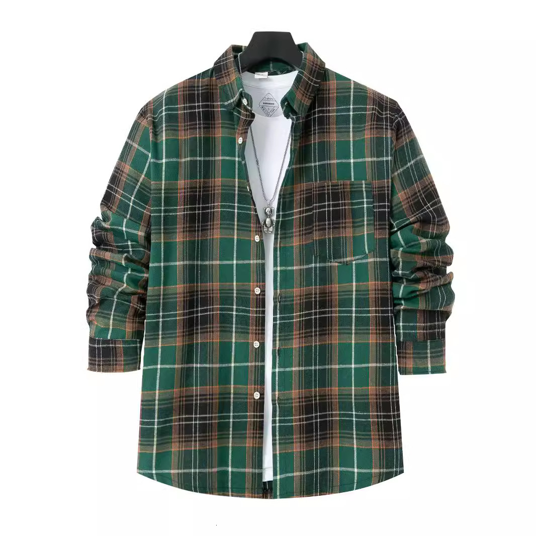 2025 new fashionable men's brushed thin plaid long sleeved light mature casual shirt