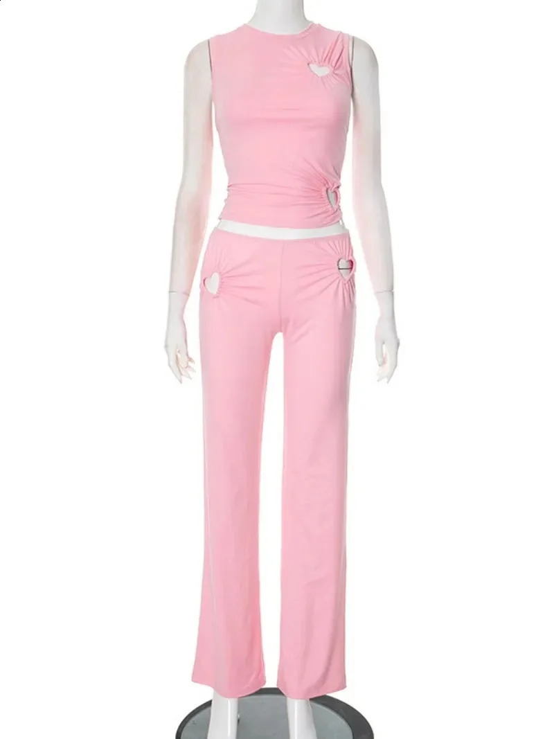 Loving Heart Hollow Out Two Piece Sets Womens O-neck Sleeveless T-shirt and Pants Suit Party Club Tracksuits Black White Pink 250414