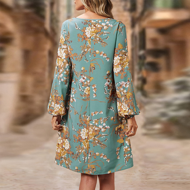 Womens ins long sleeved dress 2025 new product loose floral A-line mid length skirt