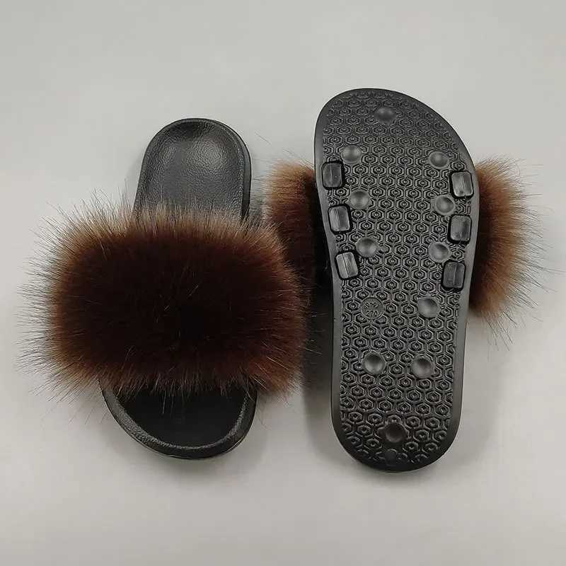 Womens summer casual fluffy slider with fur flat anti slip real fox fur slider large-sized shoes fur sandals W250414