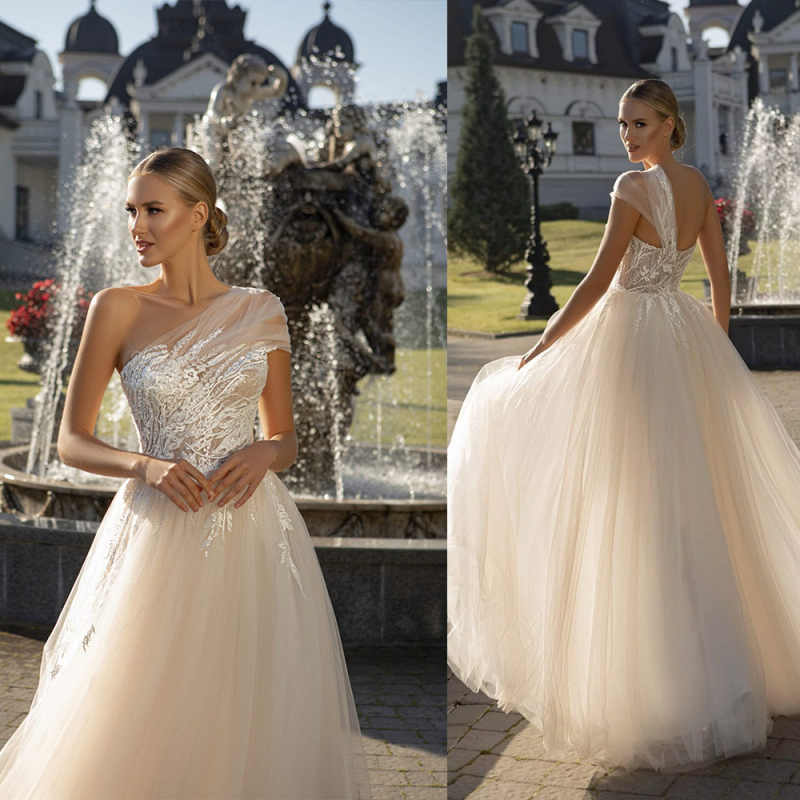 Exquisite A-Line Bridal Wedding Dresses One Shoulder Sleeveless Lace With Appliques Backless Floor-Length Plus Size For Special Occasion Vestido de no