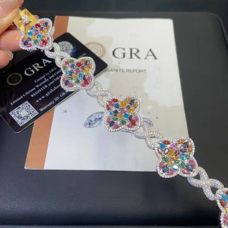 New Designs Pass Diamond Tester Moissanite Colored Four-Leaf Clover Bracelets 925 Sterling Silver Moissanite Mens Bracelet