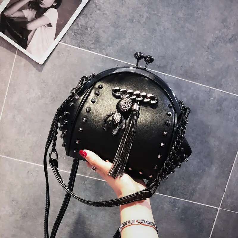 Lock Shell Bags Rivet Metal Fringe Dia Women Shoulder Crossbody Bag TWO Straps PU Leather Chain Women's Handbags Purses