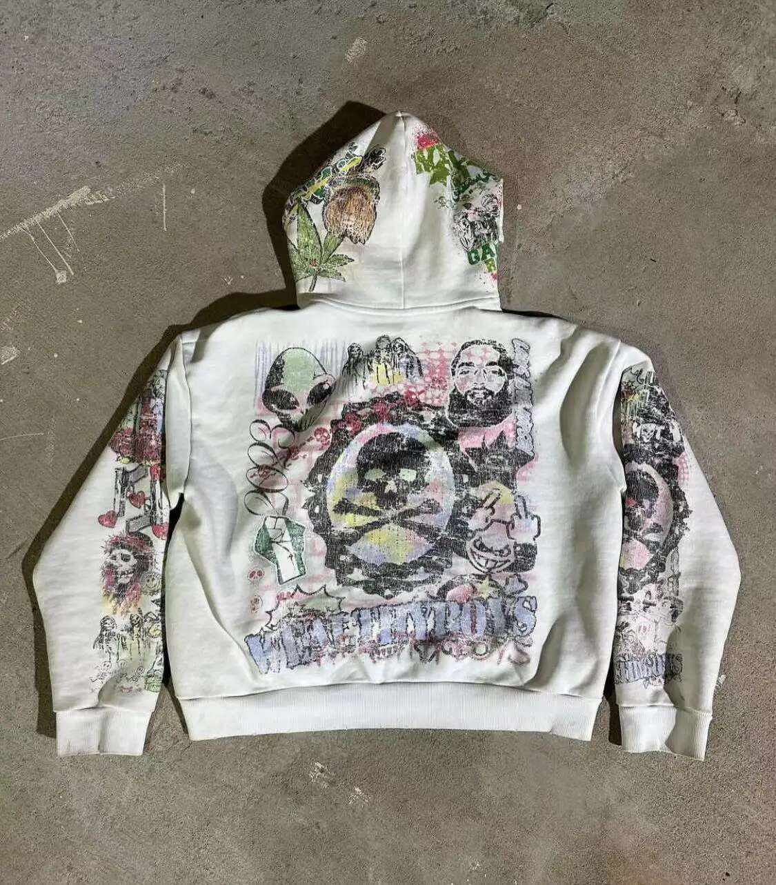 2024 American retro white pattern letter print casual personalized hoodie zipper long-sleeved clothes