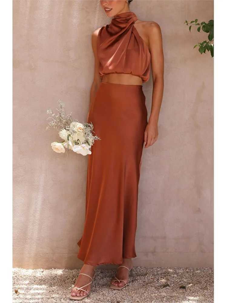 Two piece set of womens satin midi long skirt strapless solid color lace top A-line skirt setXJ250414