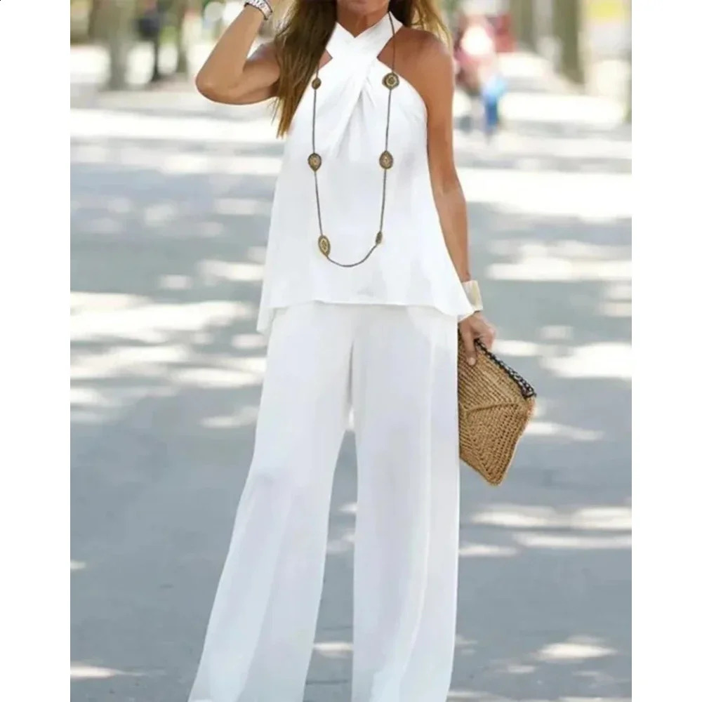 Womens two-piece strapless V-neck top and high waisted pants set casual womens loose suit 250410