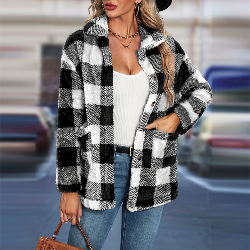 Temperament plaid woolen coat autumn and winter loose long sleeved thick cardigan top