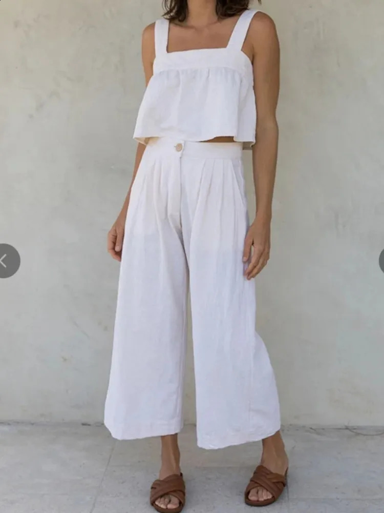 New Womens Solid Color Cotton Linen Summer 2 Piece Sets Sleeveless Tank Top Wide Leg Pants Two Piece Suit Casual Female Outfits 250414