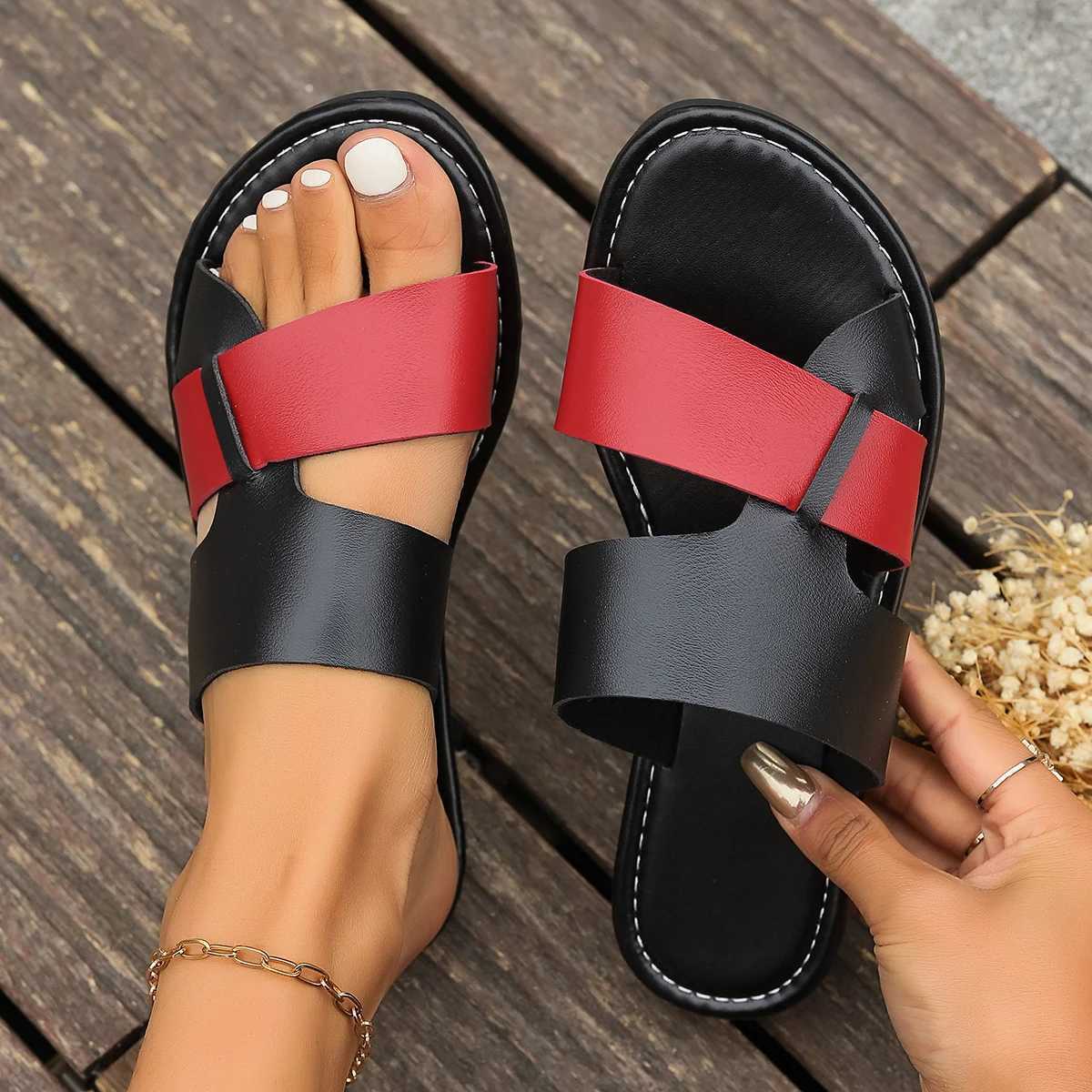 Womens flat slider 2024 leather cross strap Roman style low boots sandals summer womens slider womens Zapatos De Mujer W250414