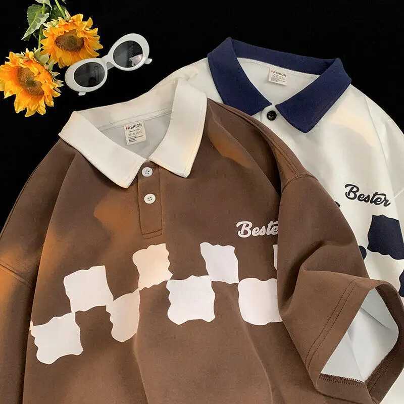 American street contrasting color mens polo shirt 2025 summer couple T-shirt round neck top unisex short sleeved T-shirt W250414