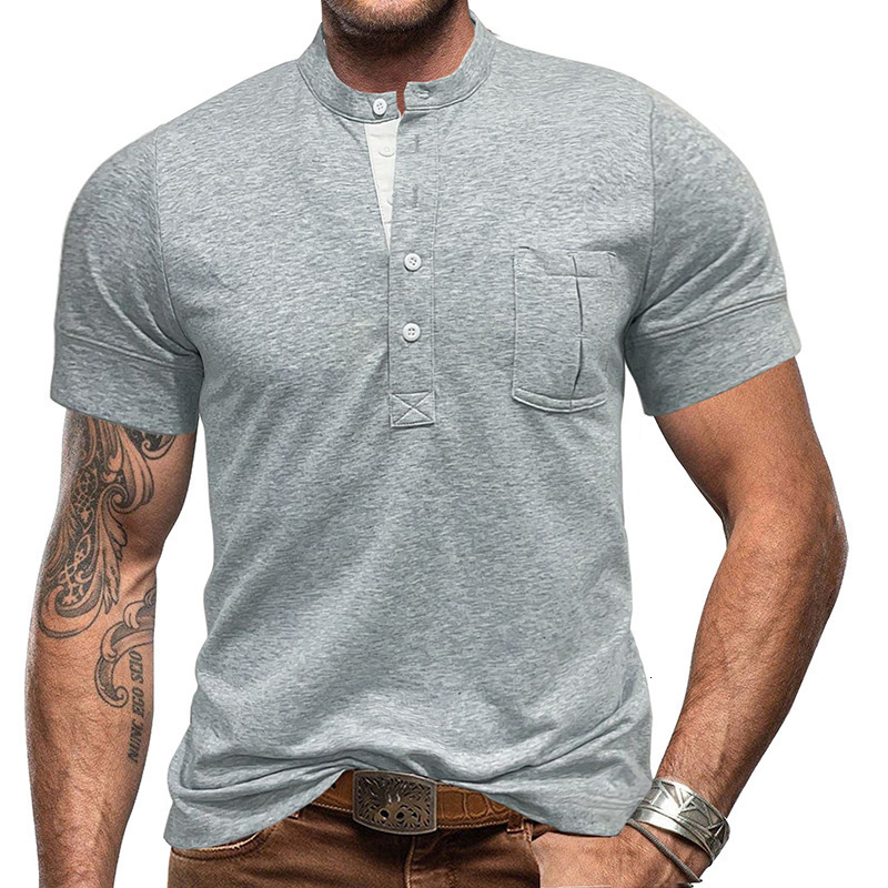 Mens short sleeved Henry shirt fitness tough guy mens T-shirt high-end cotton top summer