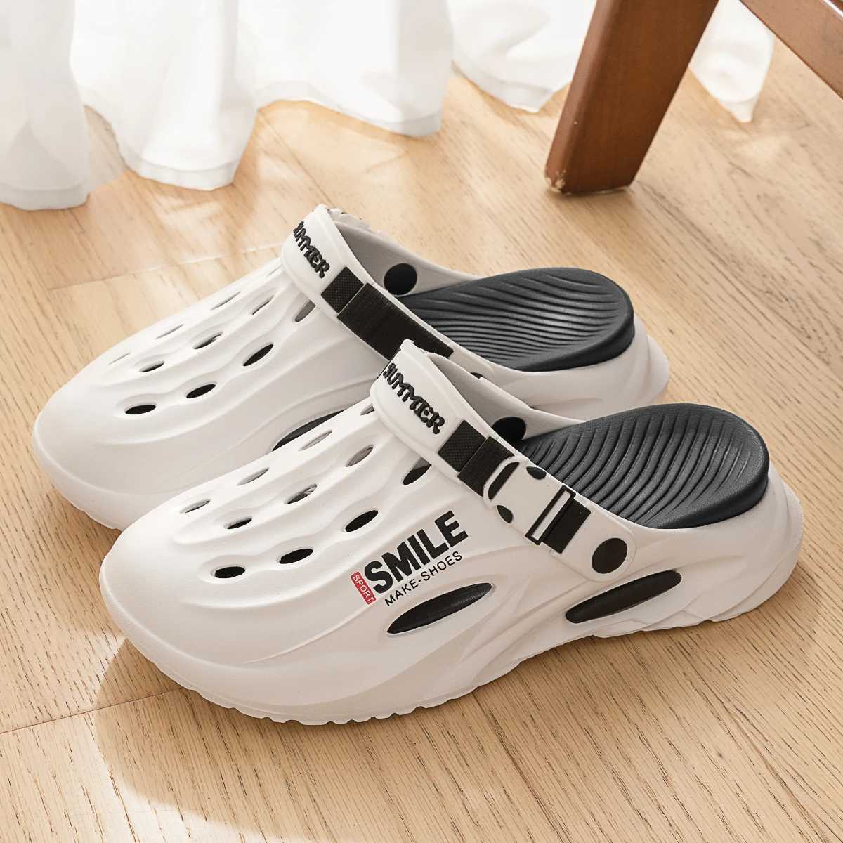 Thick soled mens hole beach shoes with sliding in outdoor sliders comfortable outdoor sliders W250414