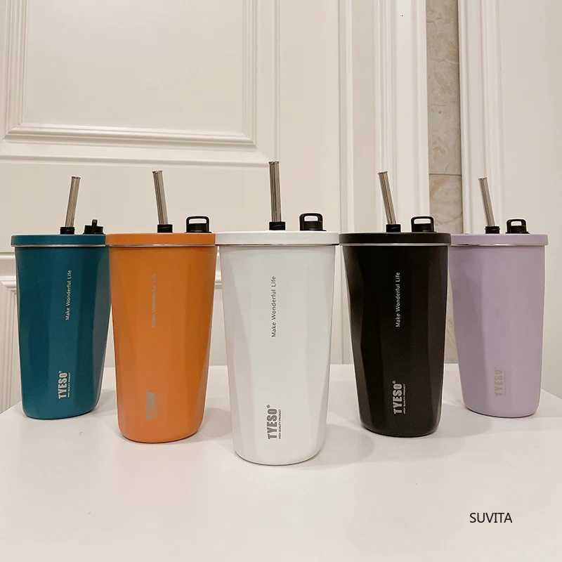 TYESO 600ML Stainless Steel Thermos Water Bottle Vacuum Flask With Retractable Straw Cold Hot Drink Car Thermos Mug Tumbler C251114